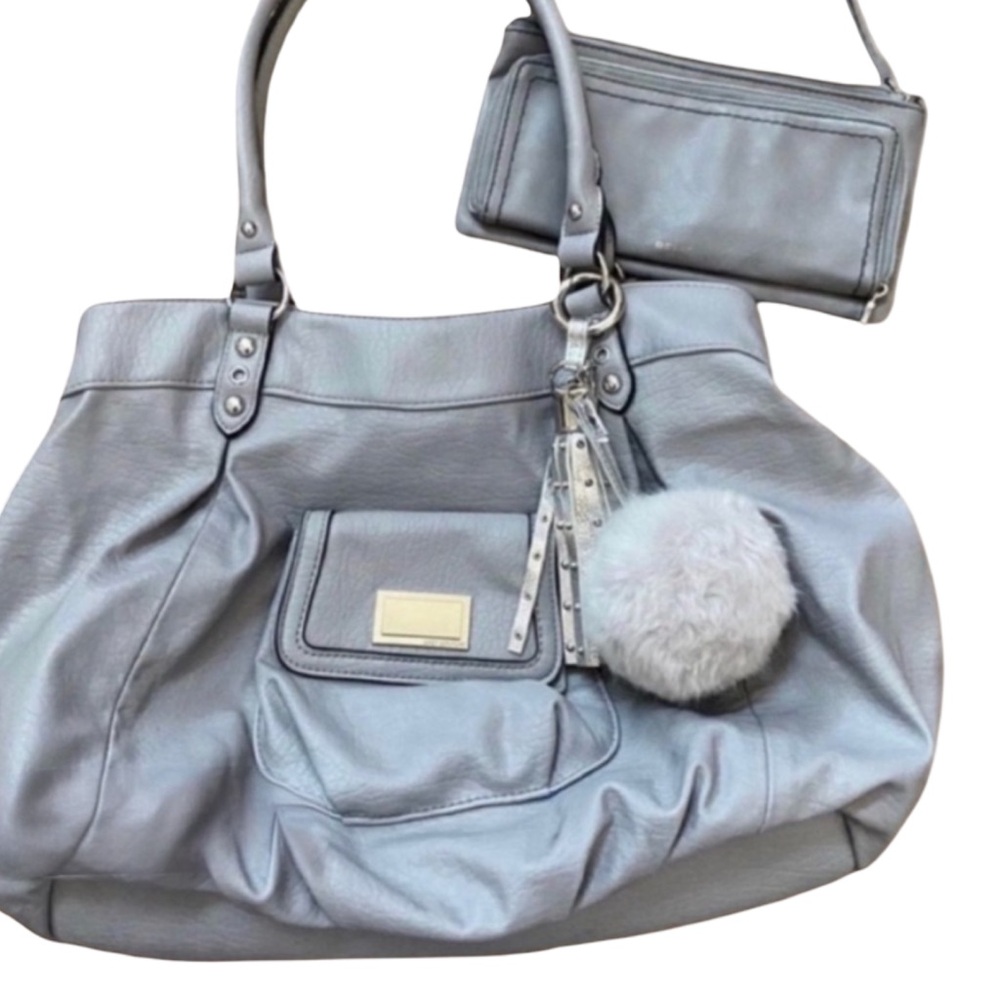Juicy Couture XL Silver Tote Bag with Tassel Charm & Front Pocket Glam Purse